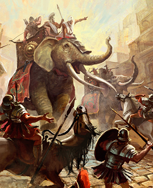 Hannibal and his elephants attacking Roman soldiers.