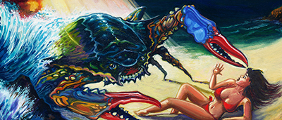 painting of giant crab attacking a 
beautiful woman on the beach