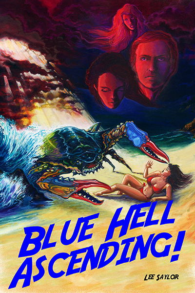 A painting of a blue crab 
attacking a woman on the beach, the cover of my book.