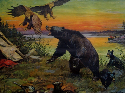 painting of two men on a canoe, returning to 
their campsite and finding bears are there.