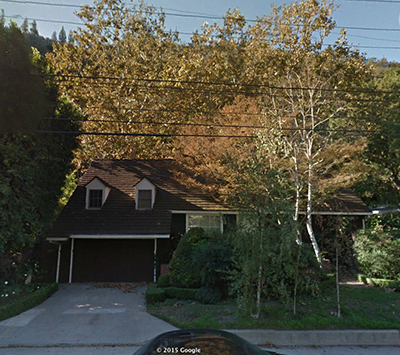 There are lots of trees and bushes that 
partially hide the house from the street. Telephone wires can be seen.