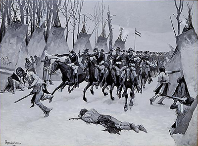 Painting showing Custer leading the 
7th Cavalry into Chief Black Kettle's camp on the Washita River.